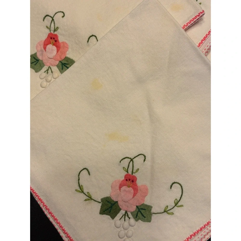 Vintage Embroidered Floral Tablecloth Rectangular 64x110 White Pink 10 Napkins*